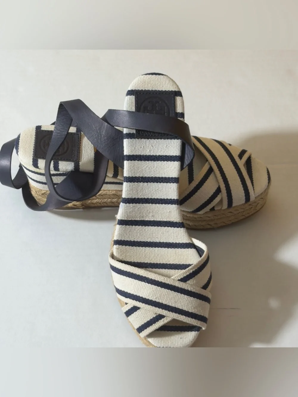 Tory Burch Navy & Cream Striped Espadrille Sandals
